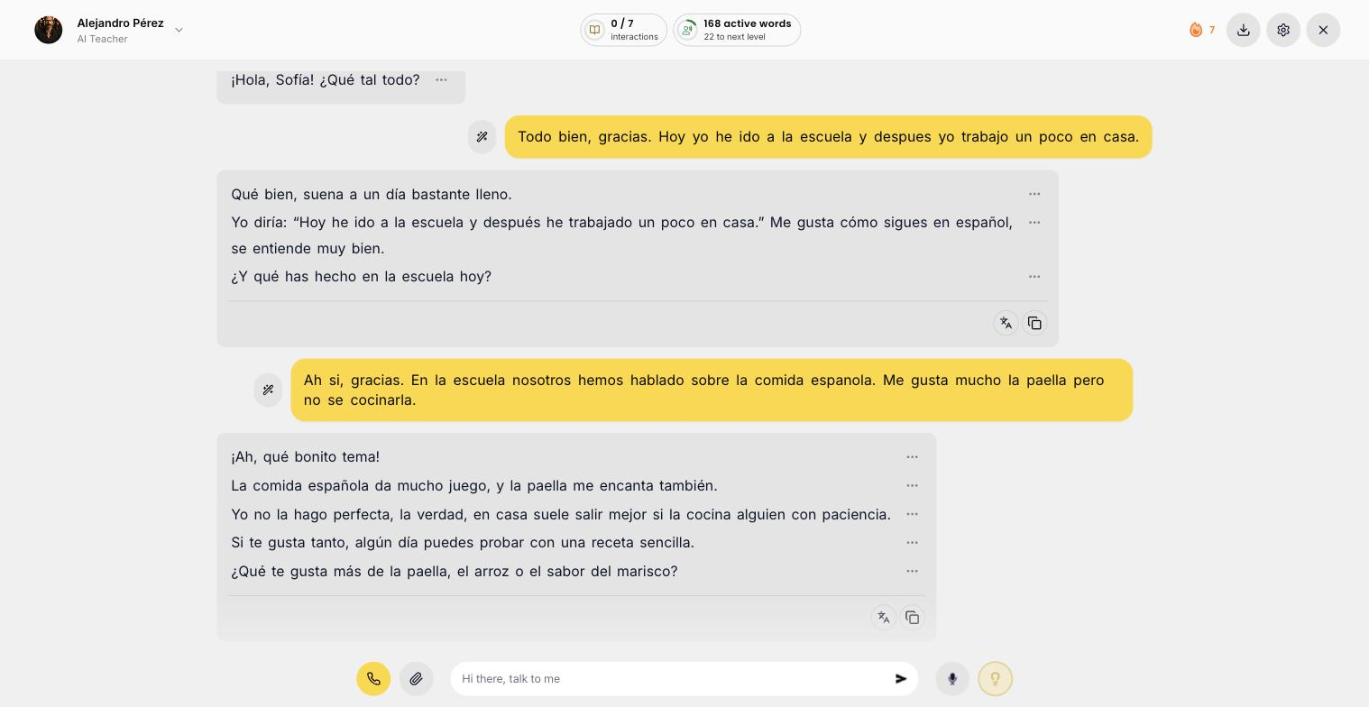 A student practicing a spoken conversation with their AI teacher