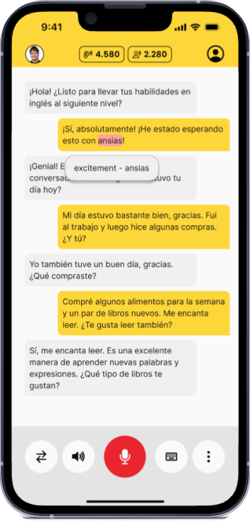 Teacher AI call mode showing a live conversation with an AI teacher