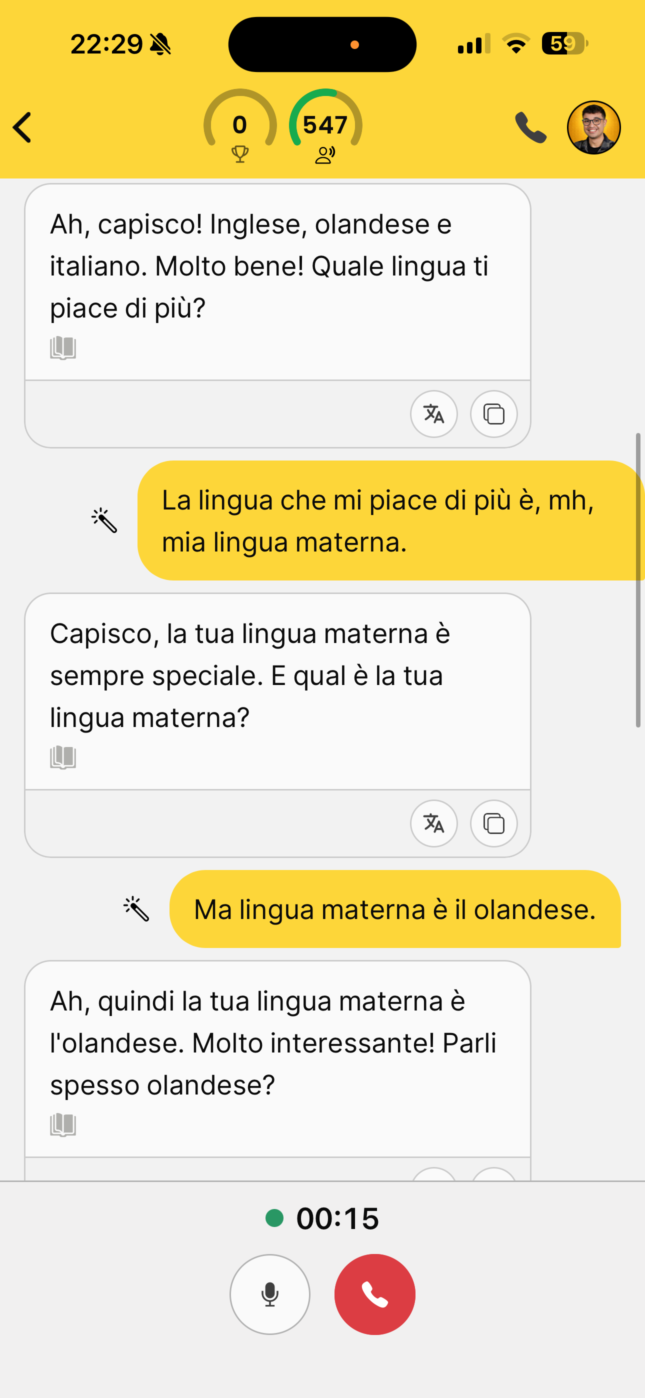Live call mode in Teacher AI: an Italian conversation with the teacher, live transcripts and a call timer