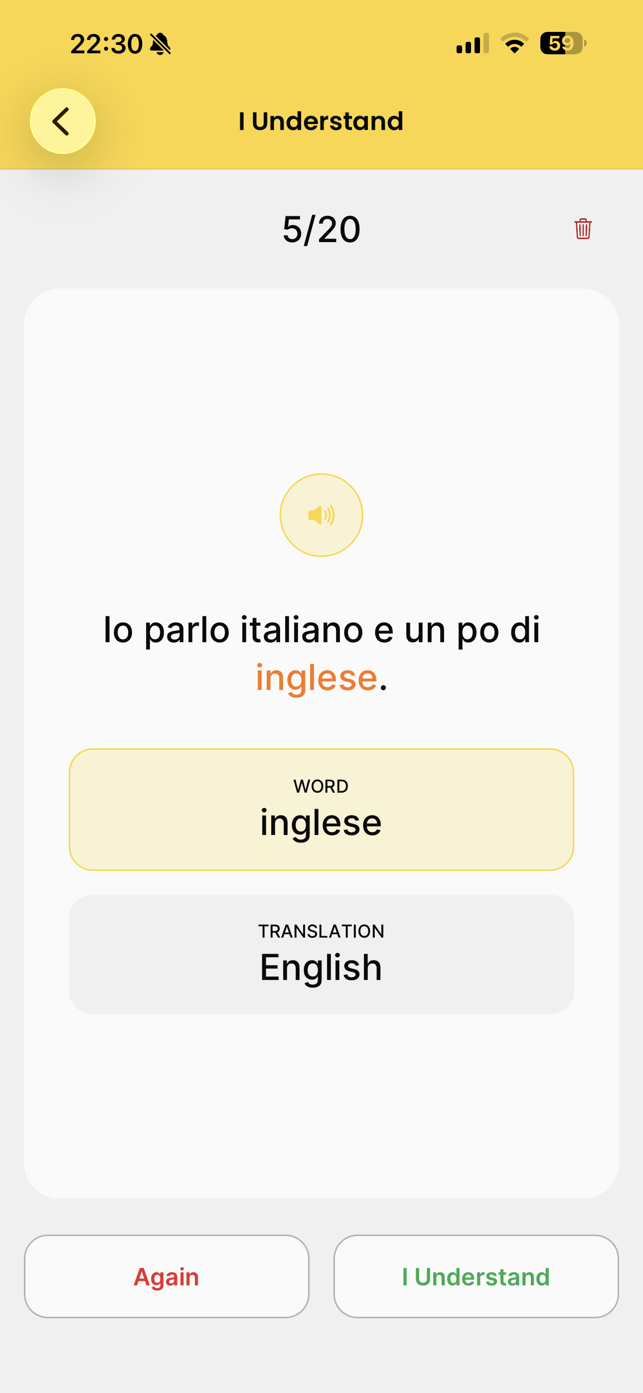 Flashcard review in Teacher AI: the Italian sentence 'Io parlo italiano e un po di inglese' with the word 'inglese' highlighted and translation 'English' shown