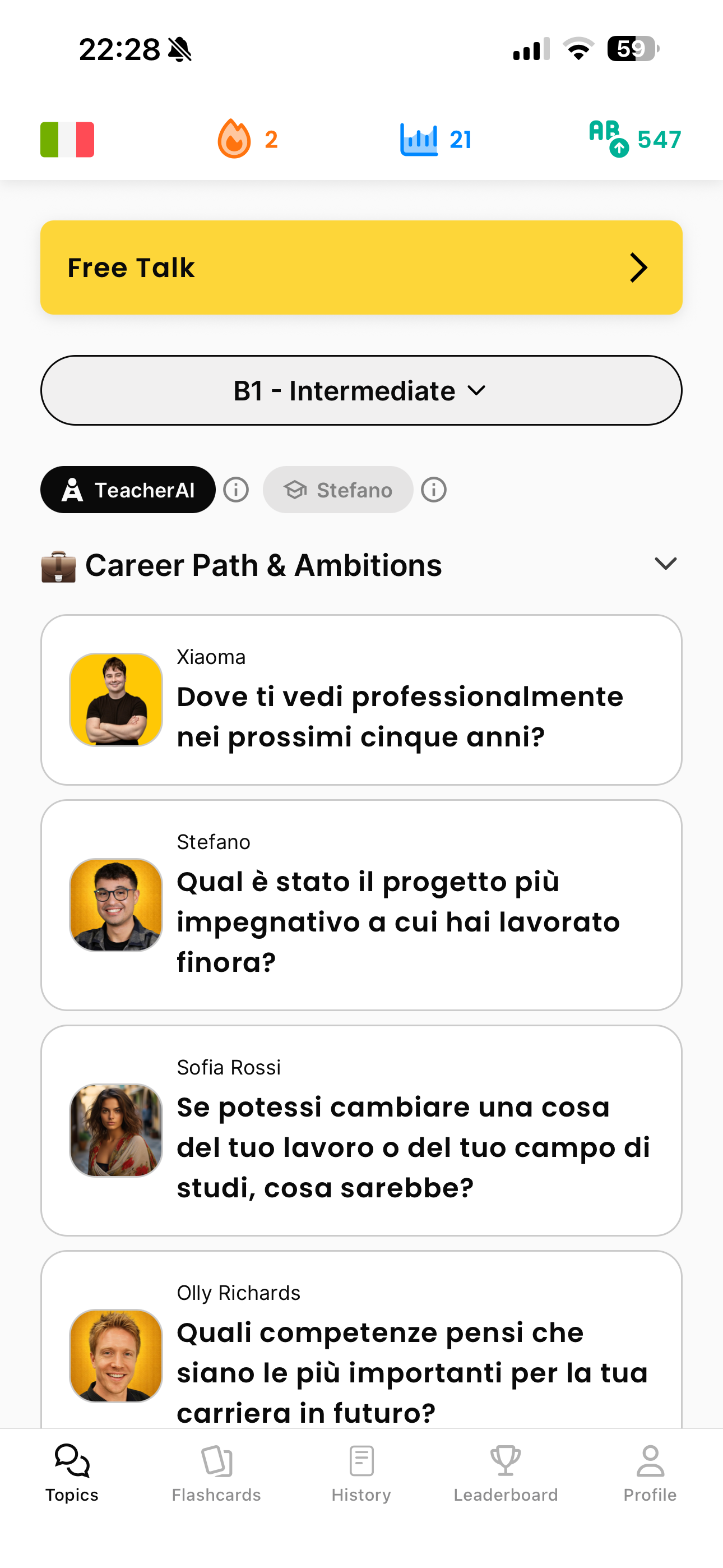 Curated conversation topics in Teacher AI sorted by theme — career, ambitions, daily life — with prompts from different AI teachers
