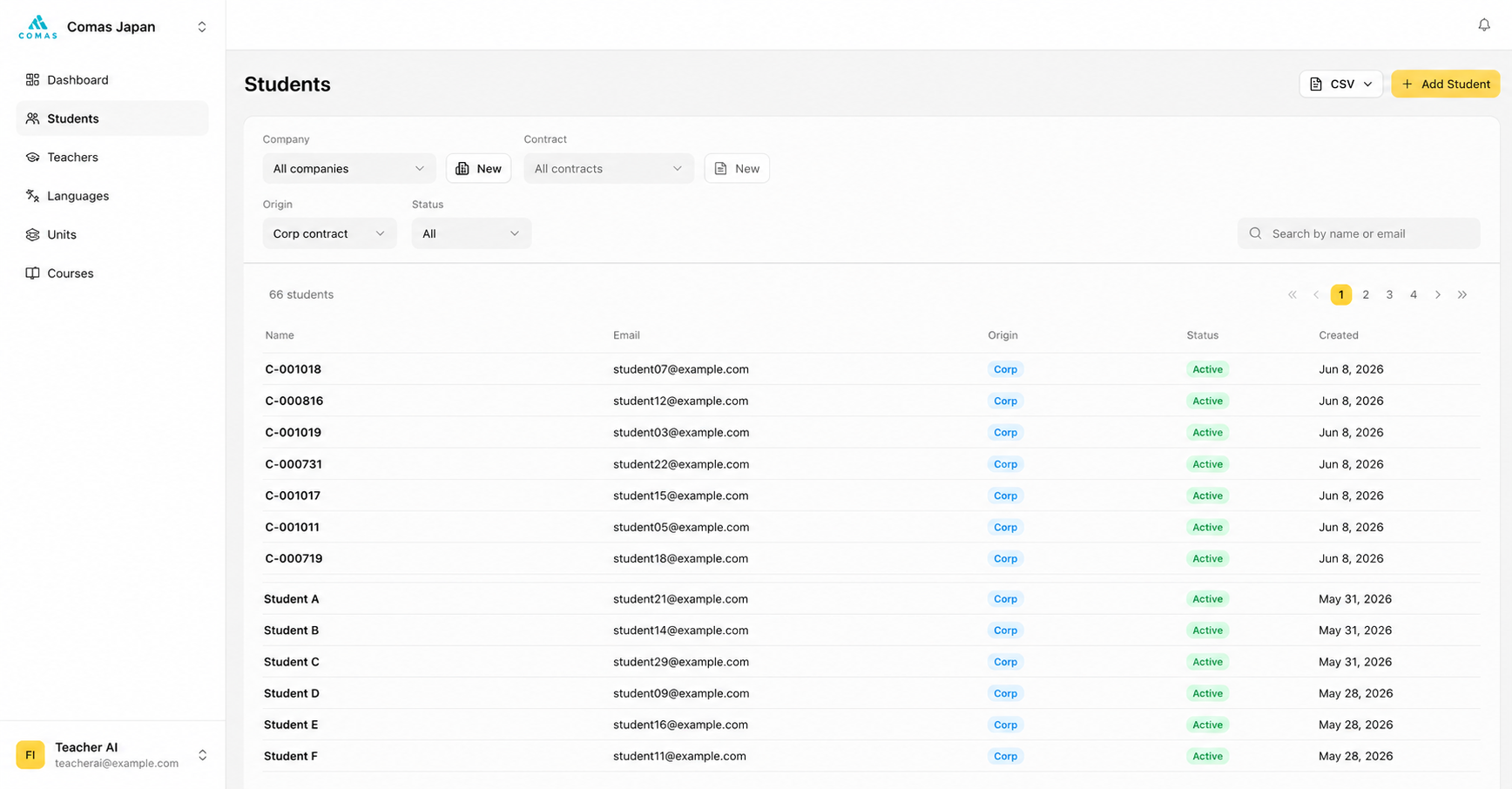 School dashboard: manage students, access, and status