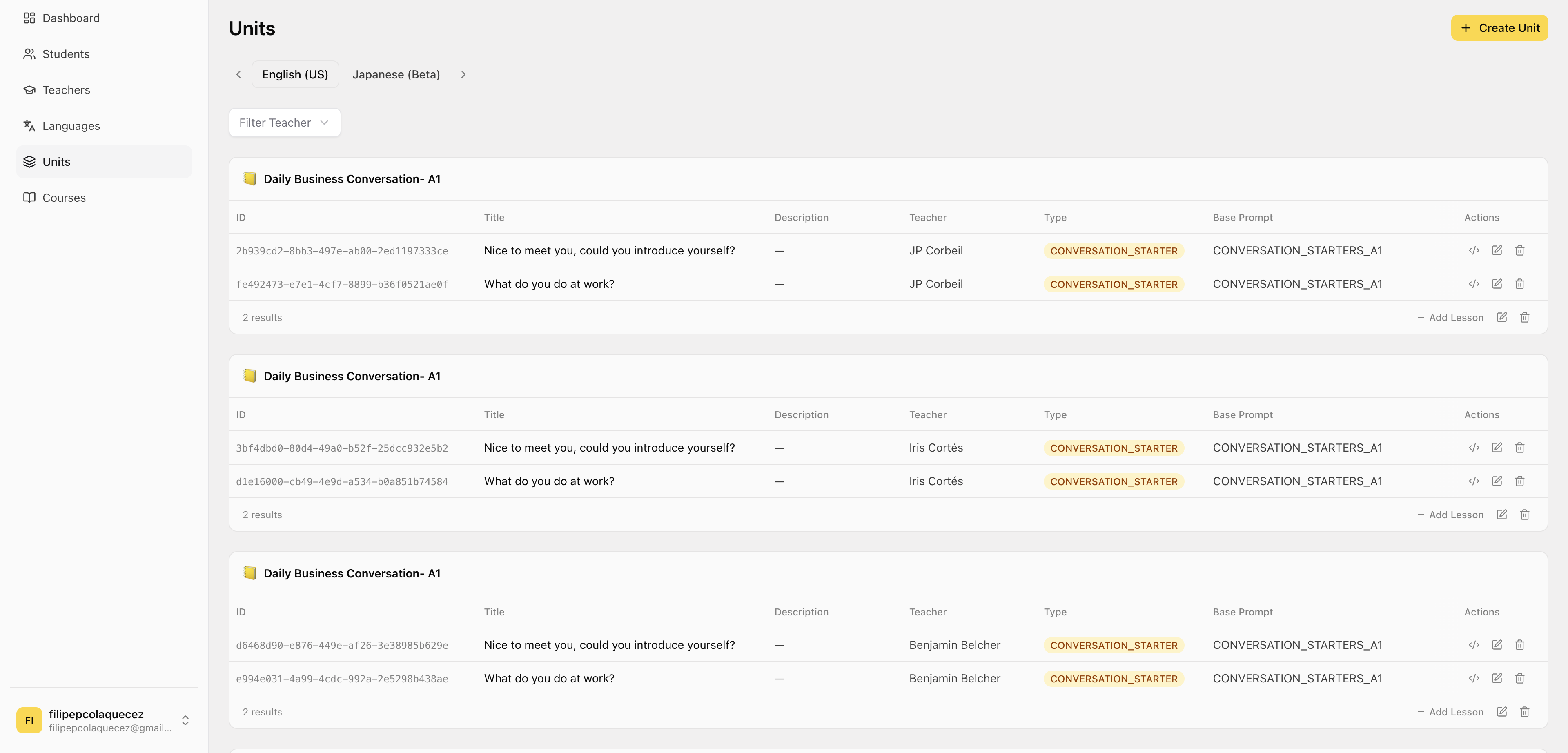 School dashboard: upload and manage your own lessons and units
