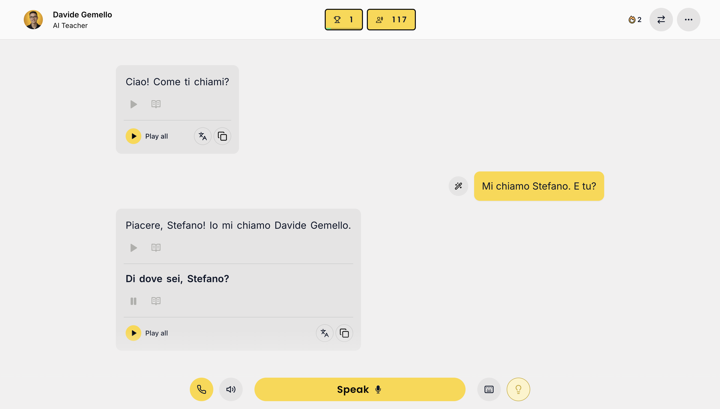 Teacher AI web app showing an Italian conversation with AI teacher Davide Gemello